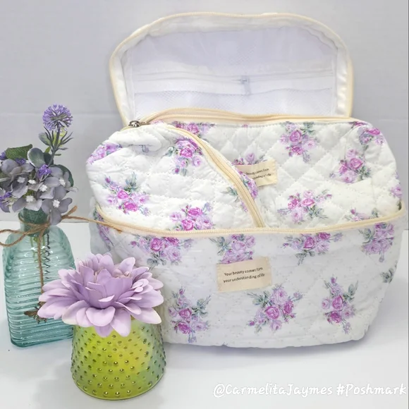 Floral Quilted 👝 3 pc XL Cosmetic Bag Set Travel Toiletry Makeup Organizer NWT - Picture 13 of 15